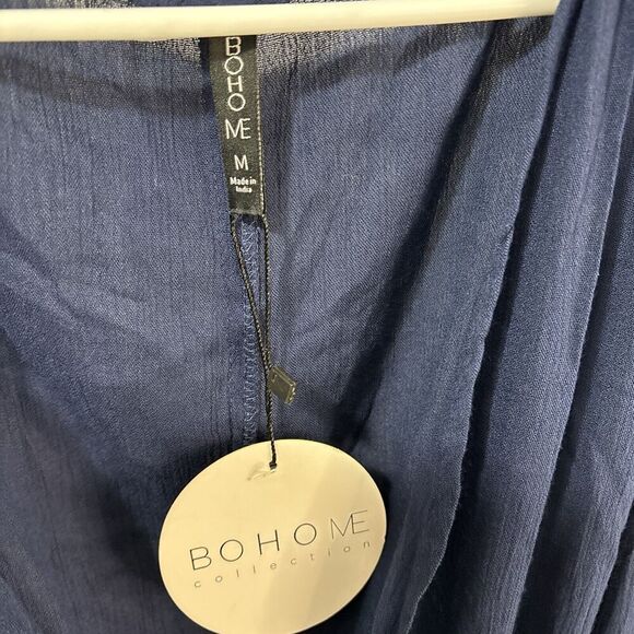 Boho Navy Blue Floral Print Maxi Crossover Neck Dress Rayon Smocked Waist Medium - Picture 5 of 10